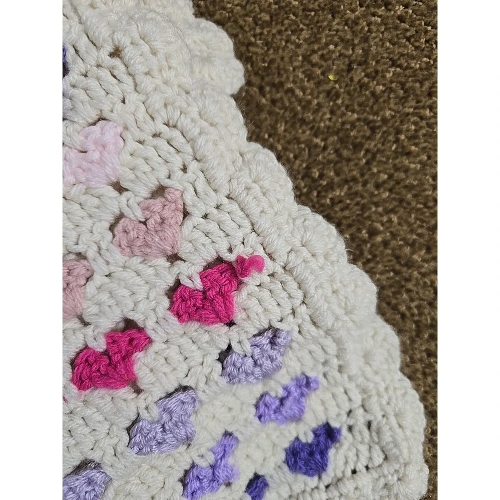 Handmade Afghan Crochet Multicolor Hearts Throw Grannycore Valentine's Day
